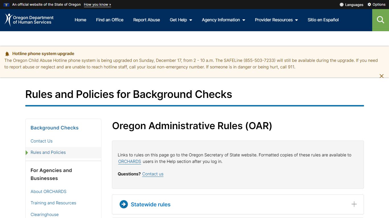 Rules and Policies for Background Checks - Oregon.gov