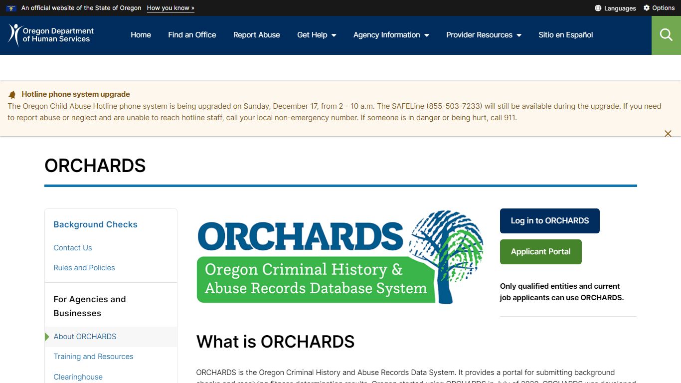 Oregon Department of Human Services : ORCHARDS : Background Checks ...